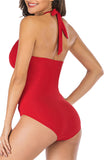 V Neck Plain Halter One Piece Swimsuit Red