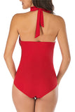 V Neck Plain Halter One Piece Swimsuit Red