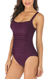 Square Neck Ruched Plain One Piece Swimsuit Ruby