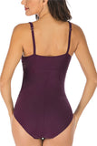Square Neck Ruched Plain One Piece Swimsuit Ruby