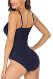 Square Neck Plain Pleated One Piece Swimsuit Navy Blue