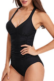 Solid V Neck Pleated One Piece Swimsuit Black