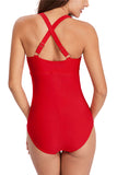 V Neck Pleated Plain One Piece Swimsuit Red