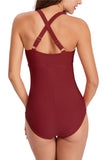 Solid V Neck Pleated One Piece Swimsuit Ruby