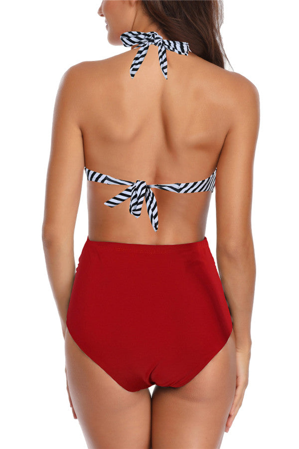 Halter Ruched Striped Cut Out One Piece Swimsuit