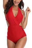 Solid Cut Out Halter One Piece Swimsuit Red