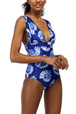 V Neck Ruched Floral Print One Piece Swimsuit Blue
