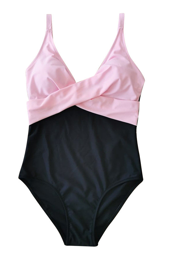 V Neck Color Block One Piece Swimsuit Baby Pink