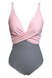 V Neck Ruched Striped One Piece Swimsuit Pink