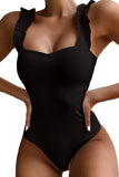 Ruffle Straps Ribbed One Piece Swimsuit Black