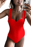 Solid Frilled Straps Sweetheart One Piece Swimsuit