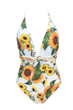 Sunflower Print Plunging One Piece Swimwear White
