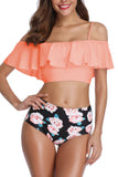 Floral Ruffle Off Shoulder Two Piece Swimsuit Orange