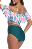 Womens Floral Cold Shoulder Two Piece Swimsuit