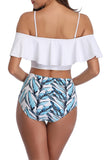 Ruffle Leaf Print Off Shoulder Two Piece Swimsuit