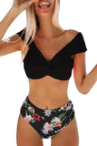 Twist Front High Waisted Floral Two Piece Swimsuit Black