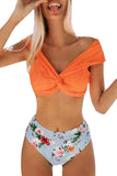 Twist Front Floral High Waisted Two Piece Swimsuit Orange