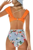 Twist Front Floral High Waisted Two Piece Swimsuit Orange