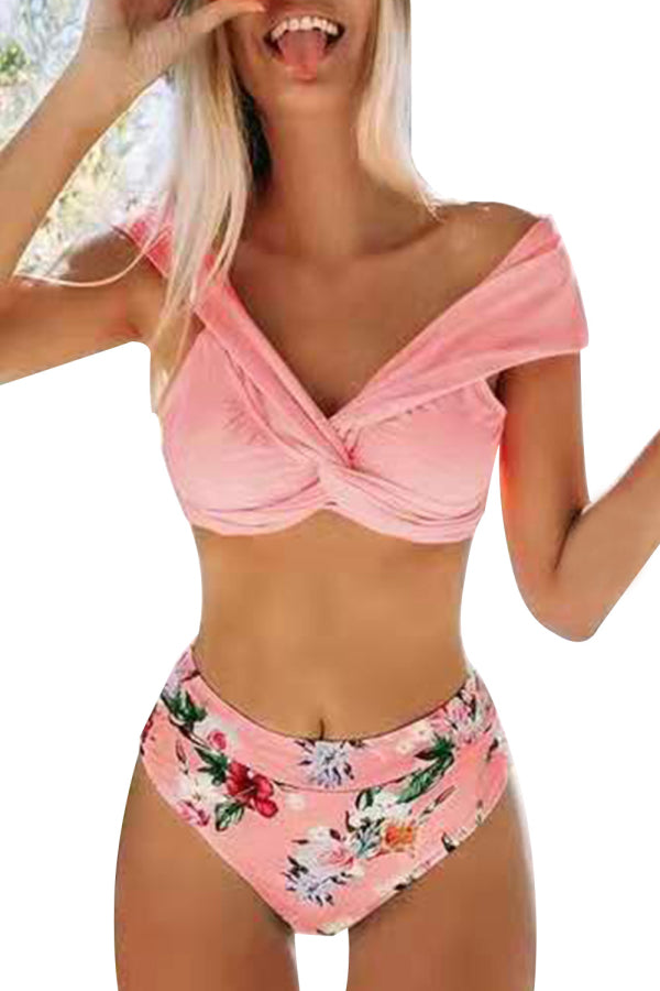 Twist Floral High Waisted V Neck Two Piece Swimsuit Pink