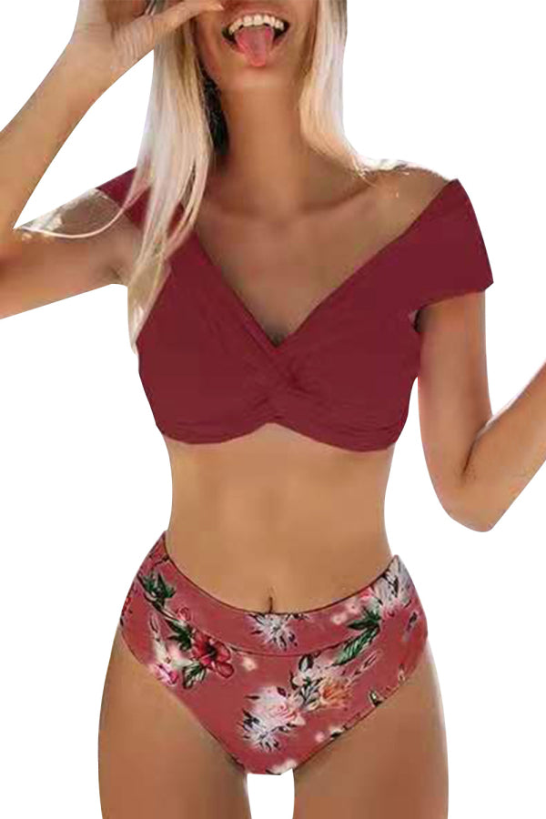 Floral High Waisted Twist Front Two Piece Swimsuit Ruby
