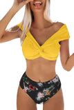 Twist V Neck Floral High Waisted Two Piece Swimsuit Yellow