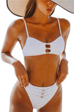Solid Cut Out Metal Buckle High Waisted Bikini Set White