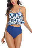 Lace Up Back Ruffle High Waist Two Piece Swimsuit Blue