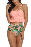 High Waisted Leaf Print Flounce Two Piece Bathing Suit Pink