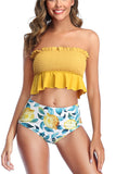 Ruffle Lemon Print Smocked Bandeau High Cut Bikini Set Yellow