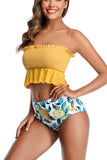 Ruffle Lemon Print Smocked Bandeau High Cut Bikini Set Yellow