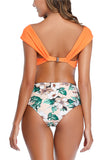 Off Shoulder V Neck Floral Print Two Piece Swimwear Tangerine