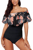 Off Shoulder Flounce Overlay One Piece Swimsuit Black