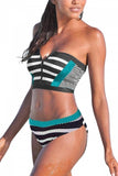 Zipper Front Striped Bandeau Bikini Set Swimsuit Turquoise