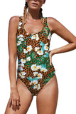 Open Back Leopard Floral Print One Piece Swimsuit Gold