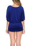 Solid Crew Neck Half Sleeve Ruched Beach Cover Dress Blue