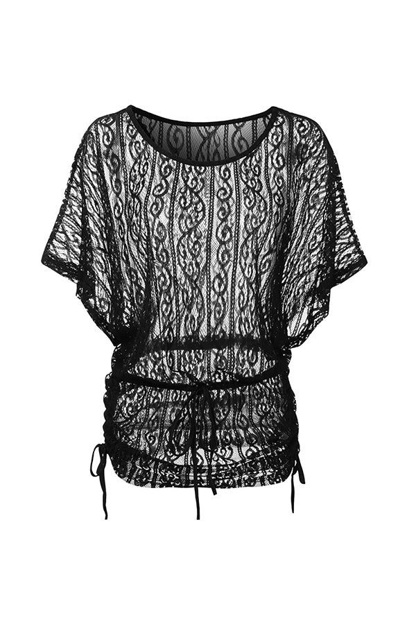 Half Sleeve Crochet Cinched Beach Cover Dress Black