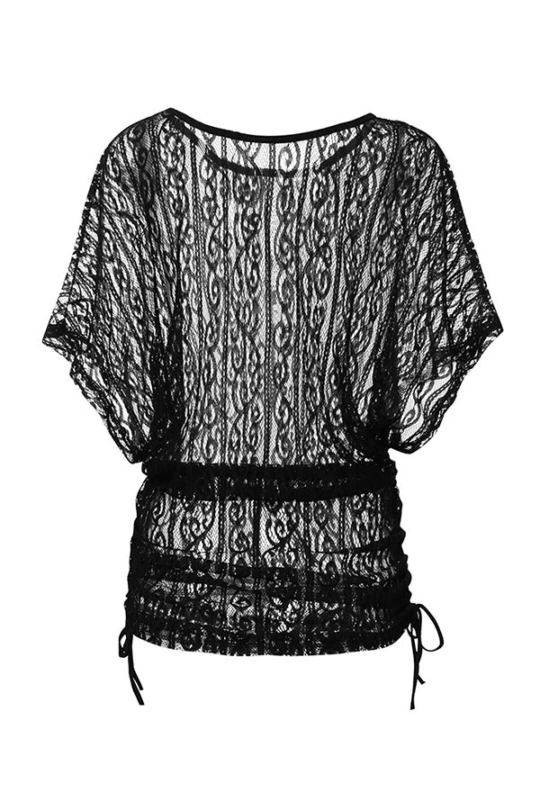 Half Sleeve Crochet Cinched Beach Cover Dress Black