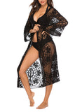 Open Front Sheer Mesh Floral Lace Kimono Cover Up Black