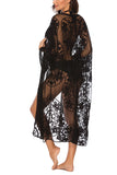 Open Front Sheer Mesh Floral Lace Kimono Cover Up Black