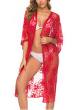 Floral Lace Sheer Mesh Open Front Kimono Cover Up Red