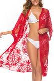 Floral Lace Sheer Mesh Open Front Kimono Cover Up Red