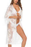 3/4 Sleeve Floral Lace Mesh Sheer Kimono Cover Up White
