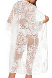 3/4 Sleeve Floral Lace Mesh Sheer Kimono Cover Up White