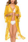 3/4 Sleeve Sheer Mesh Floral Lace Kimono Cover Up Yellow