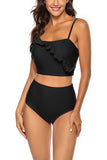 Solid Ruffle Trim High Waisted Two Piece Swimsuit Black
