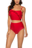 Ruffle Plain High Waisted Two Piece Swimsuit Red