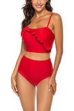 Ruffle Plain High Waisted Two Piece Swimsuit Red