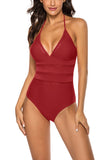V Neck Cut Out Halter One Piece Swimsuit Ruby