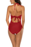 V Neck Cut Out Halter One Piece Swimsuit Ruby
