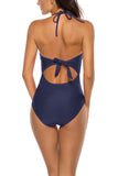 Solid V Neck Cut Out Halter One Piece Swimsuit Navy Blue